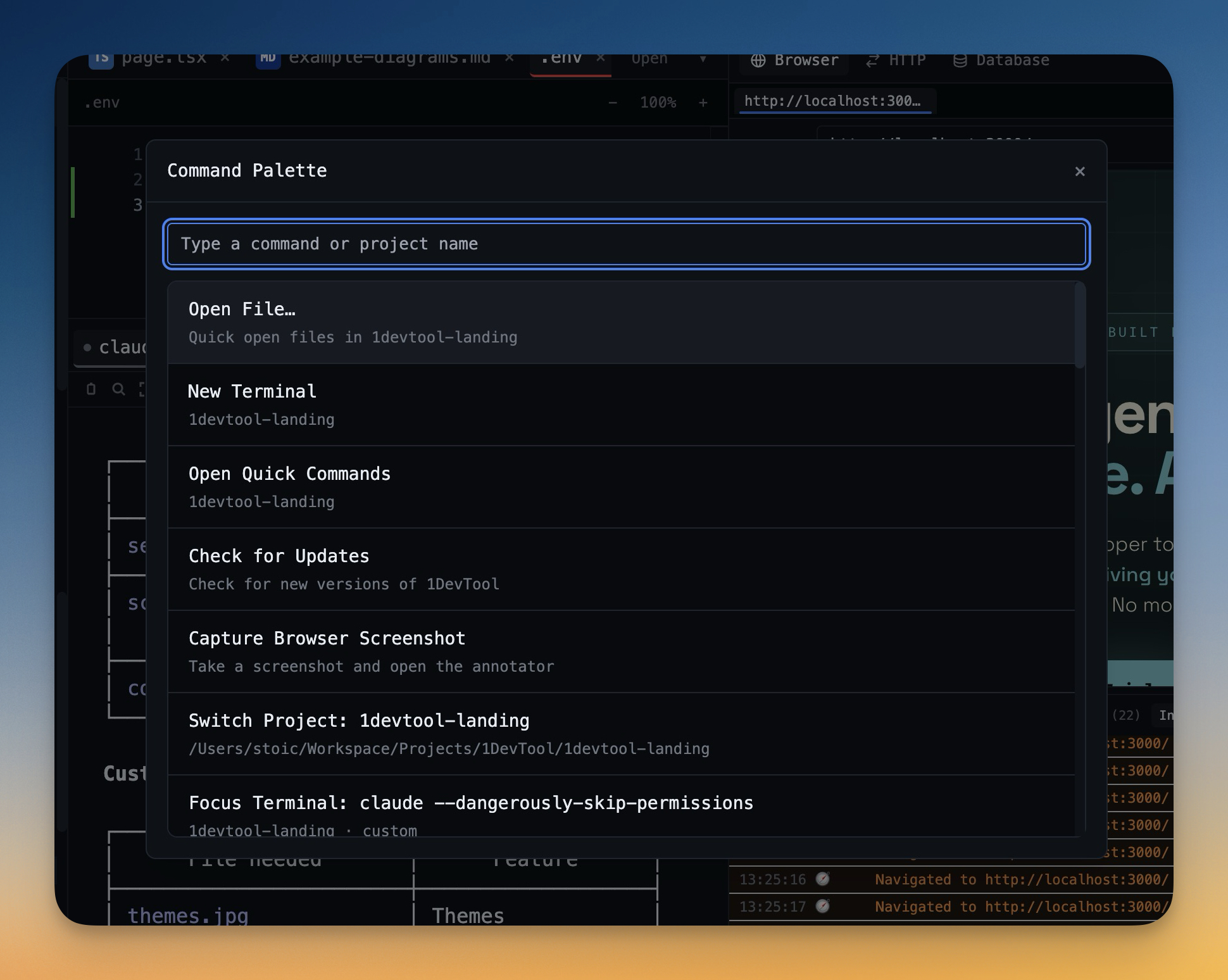 1DevTool command palette providing quick access to all workspace features and actions
