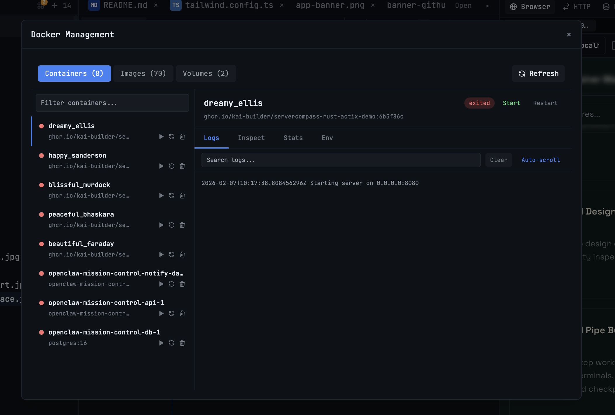 1DevTool Docker container management panel showing running containers with status indicators and resource usage
