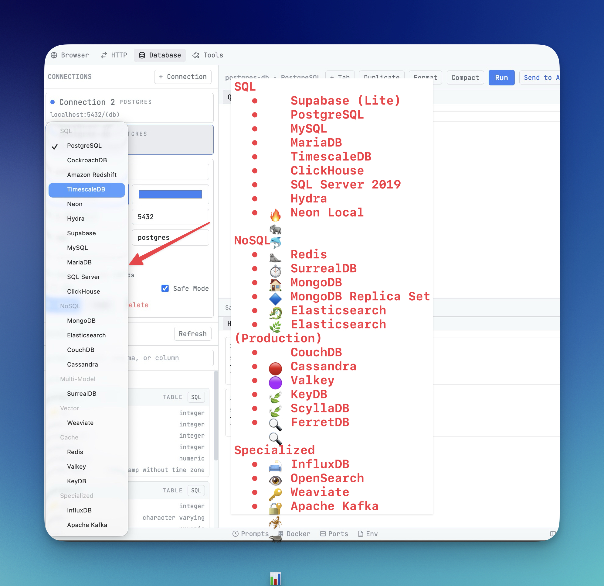 1DevTool multi-database support showing connections to PostgreSQL, MongoDB, Redis, and other database engines in one interface