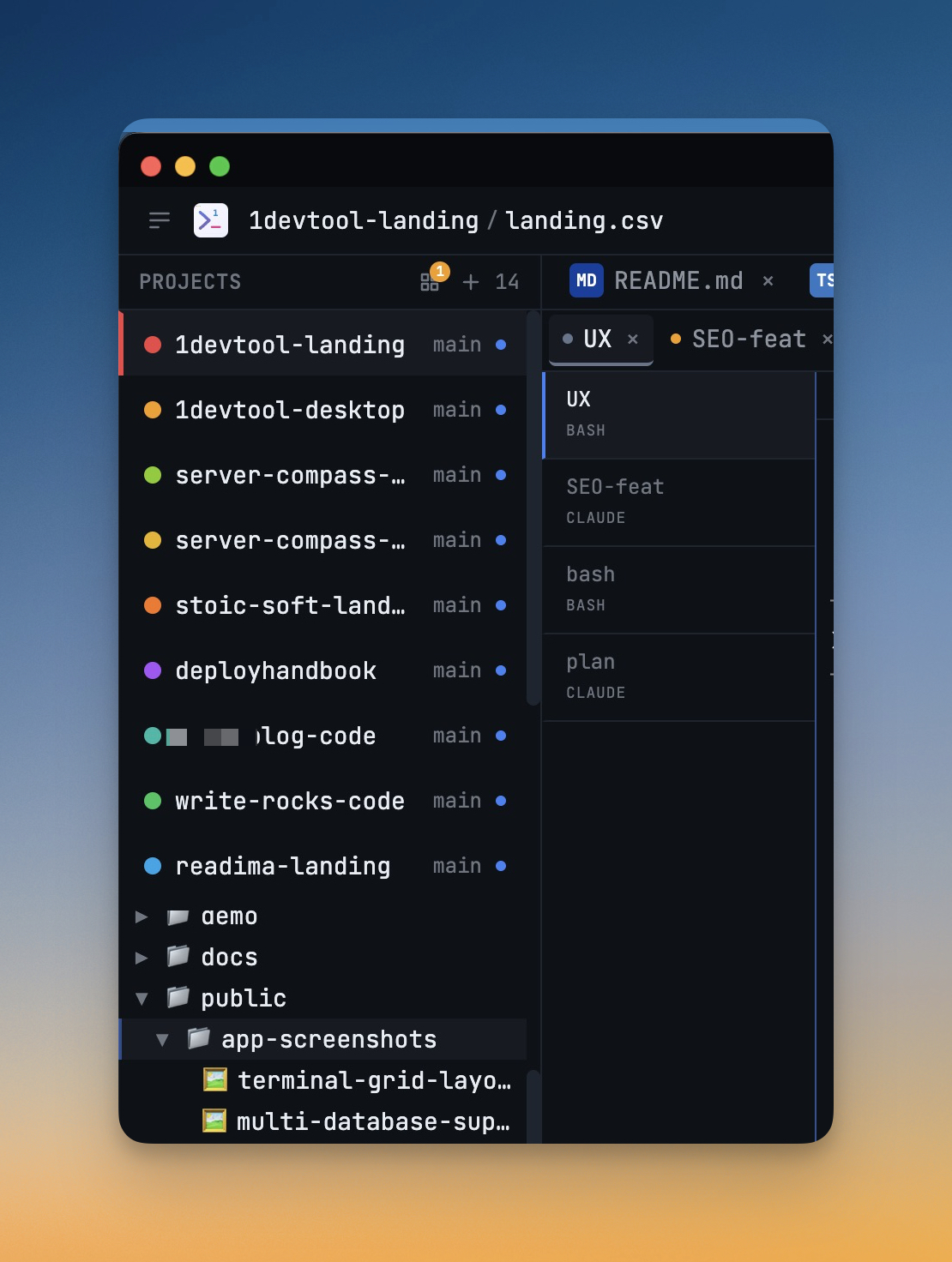 1DevTool multi-project workspace showing multiple development projects organized in a single desktop application