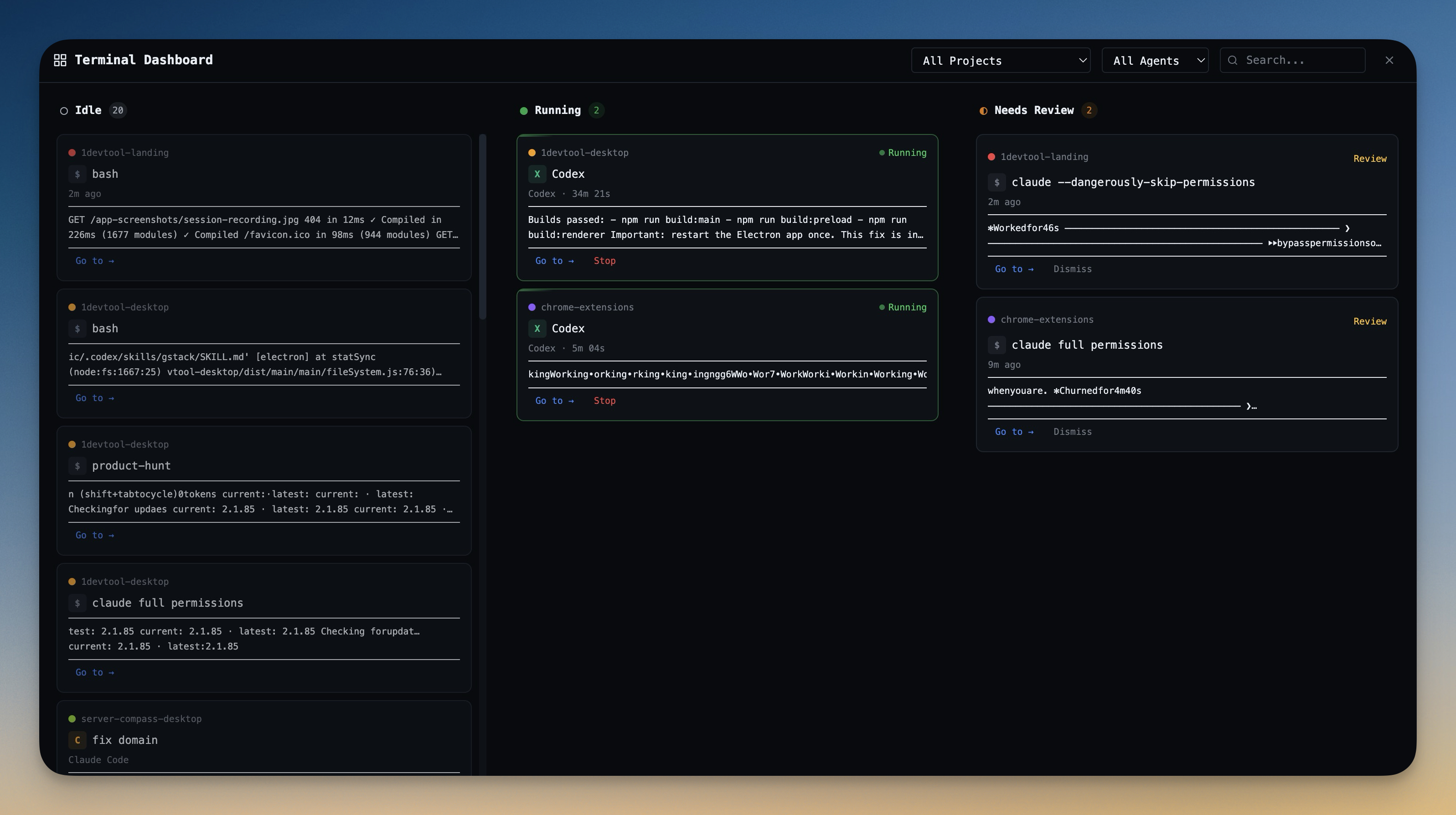 1DevTool terminal dashboard showing a Kanban-style board with terminal statuses organized by Idle, Running, and Needs Review columns
