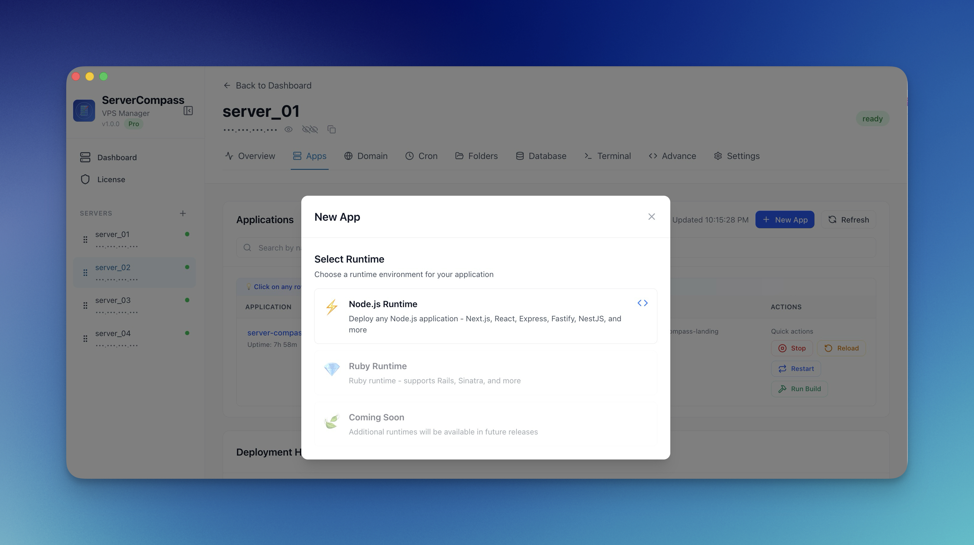 Server Compass one-click deploy interface showing deployment options for Docker containers