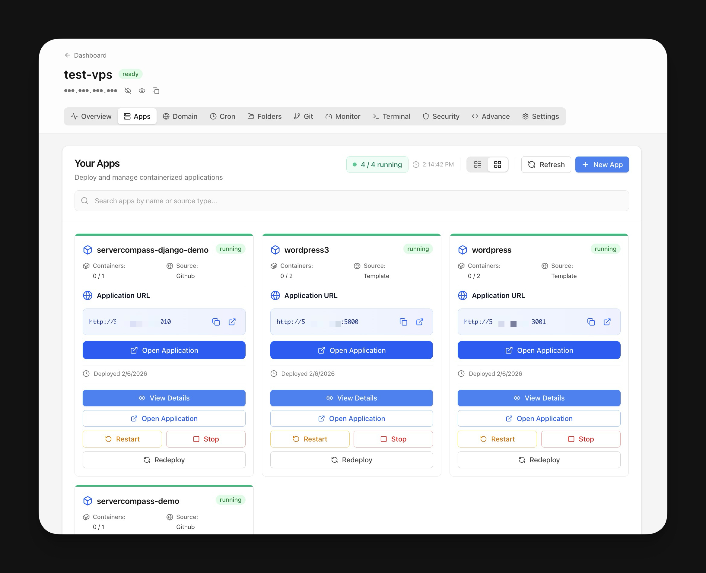 Server Compass app dashboard showing deployed applications and their status