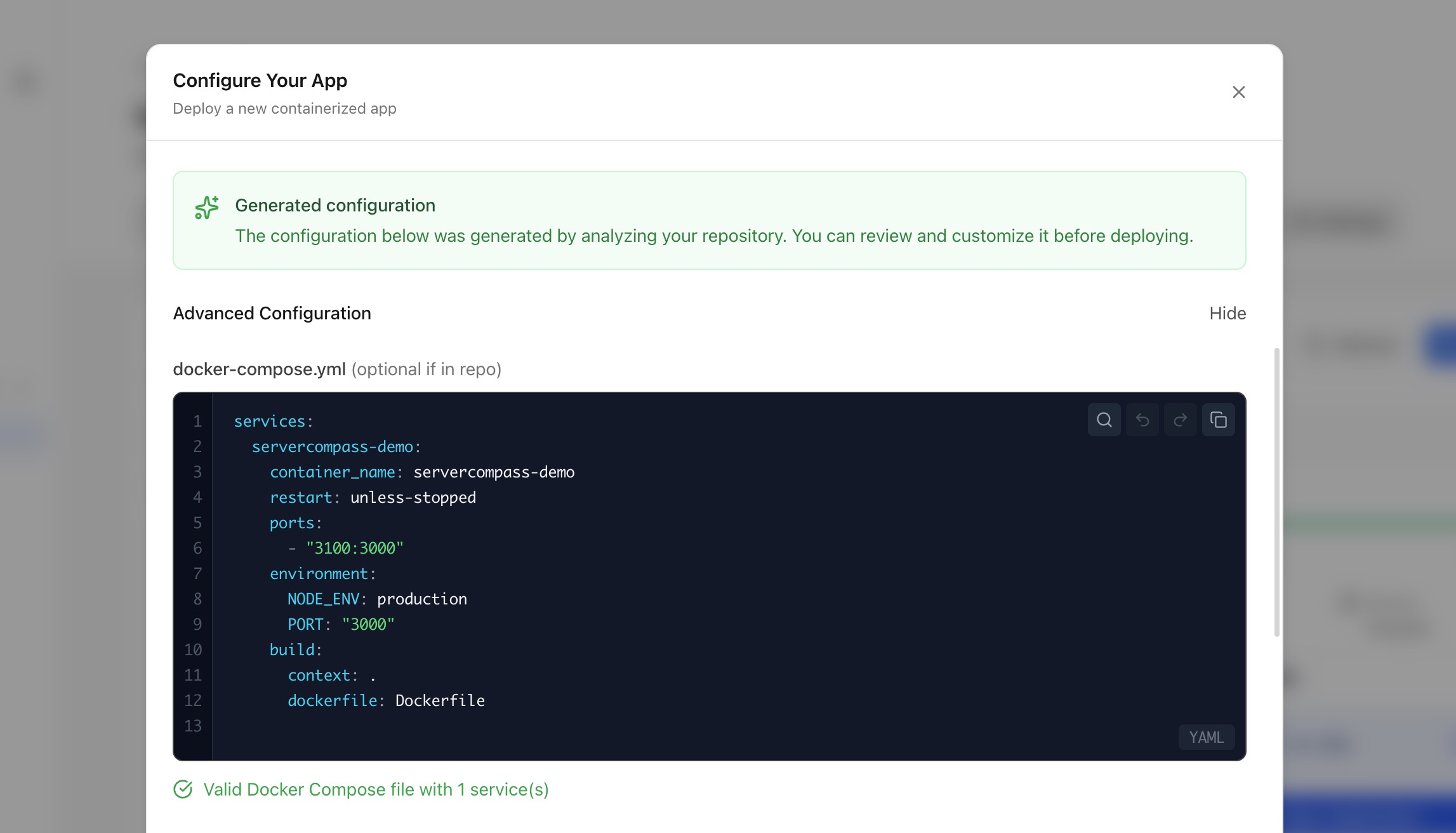 Server Compass Docker Compose editor with environment variables and deployment configuration