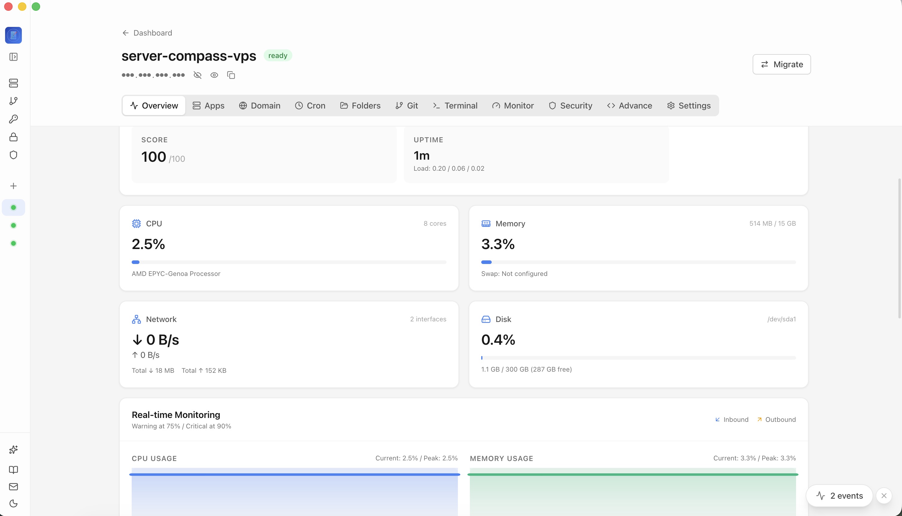 Server Compass server overview displaying system resources, uptime, and connected services