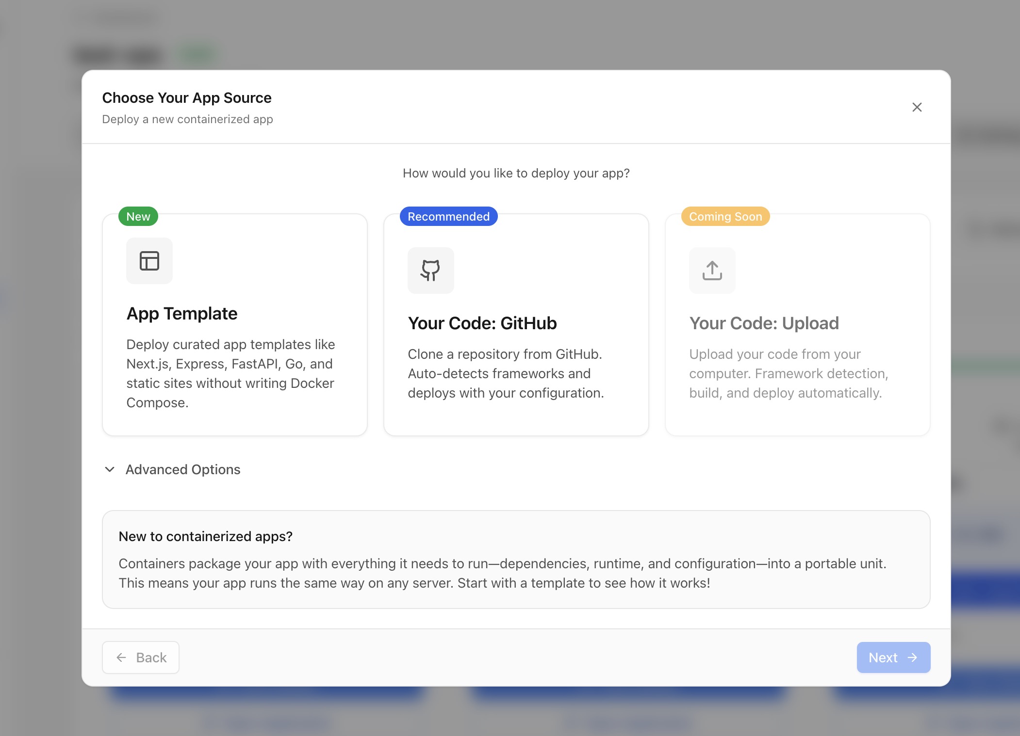 Server Compass stack wizard guiding through database and service selection for a new deployment
