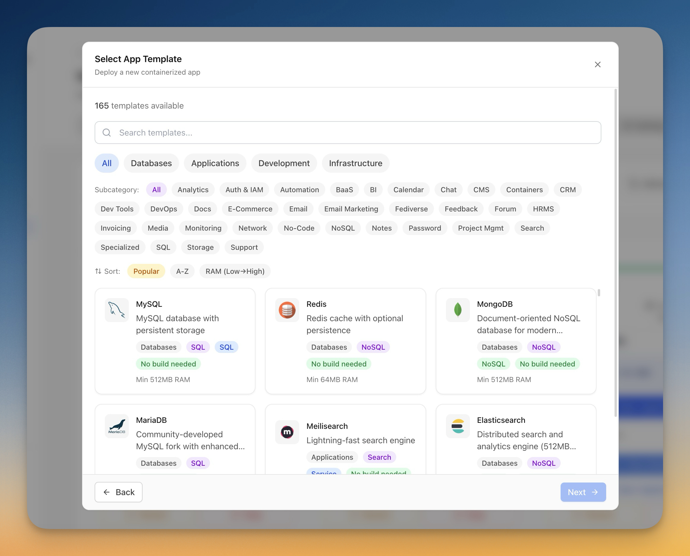 Server Compass template library showing pre-configured Docker app templates for one-click deployment