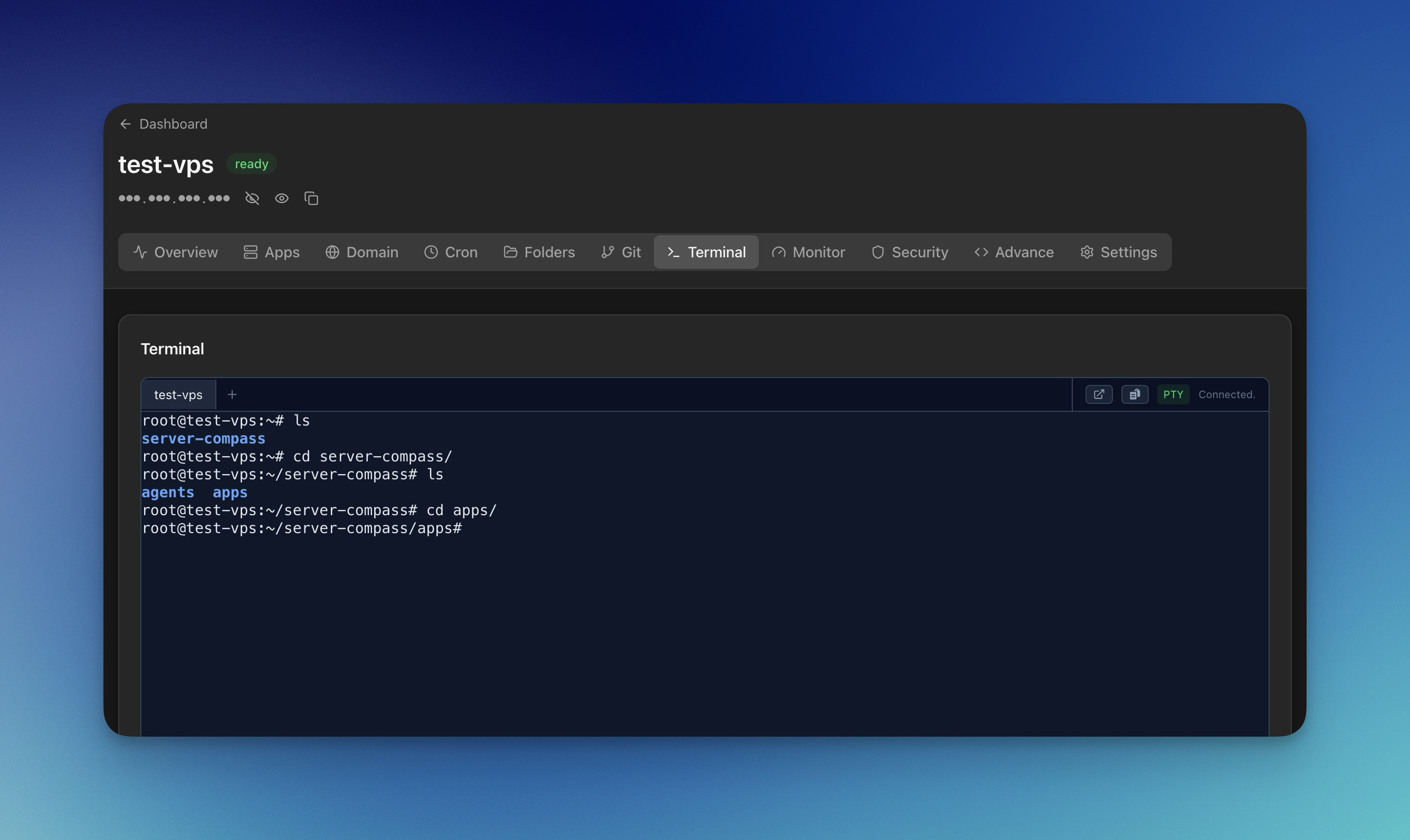 Server Compass built-in SSH terminal connected to a VPS with real-time command execution